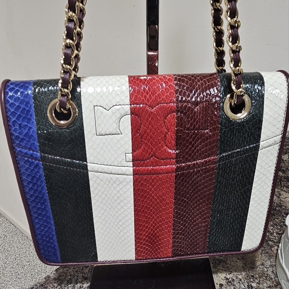 Tory Burch Savannah stripped leather snakeskin